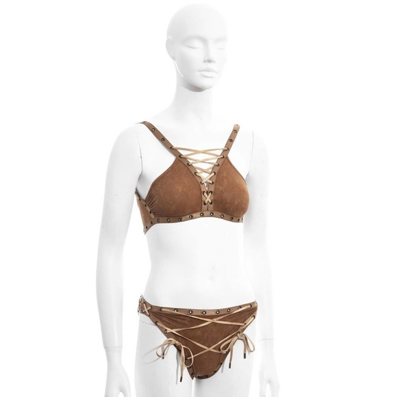*SOLD* NWT Galliano Christian Dior VTG 2003 Brown Faux Leather Lace Up Bikini - Picture 2 of 12